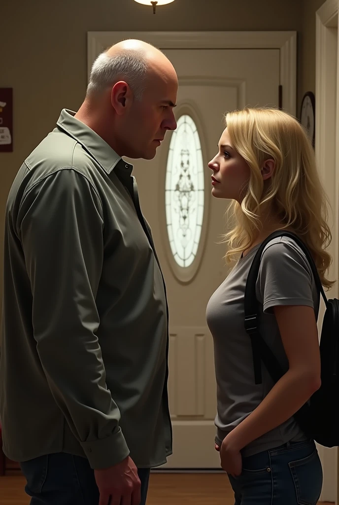 Bald white man telling a blonde woman what she is doing inside a house with a backpack
