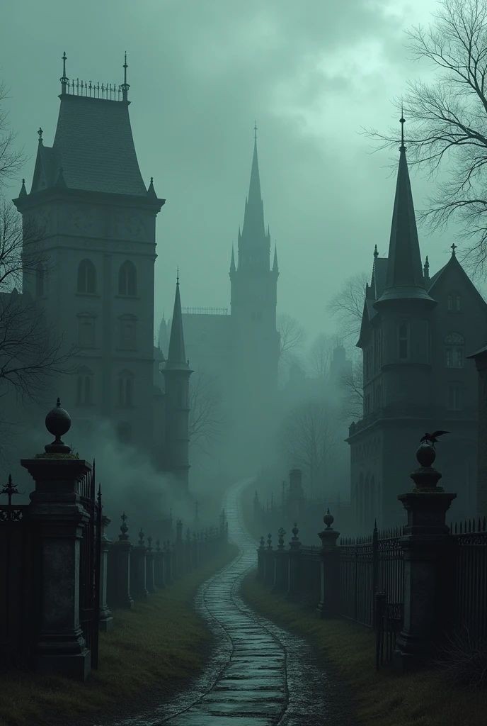 Old buildings with a track around a cemetery and a dark fog 