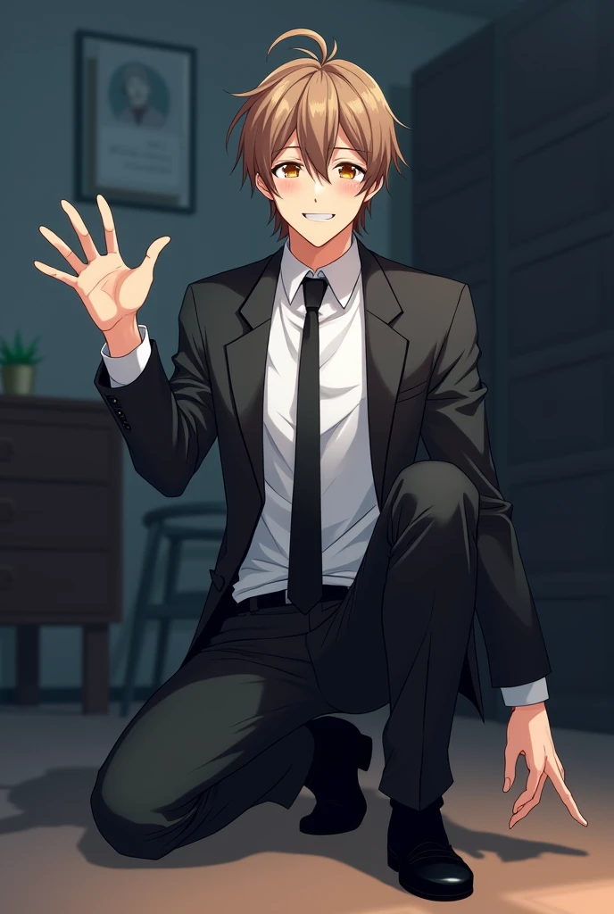 create an anime style image, There is a young adult man, White skin, light brown hair, tied in a small ponytail, and light brown eyes, He is wearing a white long-sleeved shirt, a black tie, black shoes, black pants and a black jacket, is kneeling on the ground, leaning on one knee and with one of his hands he waves to the camera, smile happily. The background is of an office that is dark. In the picture he is seen from head to toe. anime style