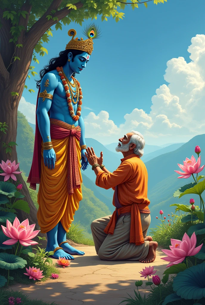 Creat an image of men(santosh) bowing in front of lord krishna.