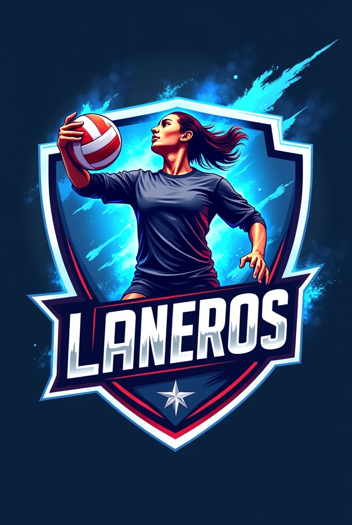 Volleyball shield and logo with intense blue colors, white, red, LLANEROS volleyball player 