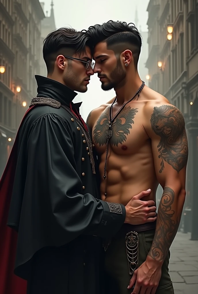 What would an average 2 man look like wearing thin, square glasses?, who is a powerful wizard who is in love with his best friend who is taller than him and the same age as him, tall and strong man who is a soldier in the army and walks around only in a briefs and has a wolf tattoo on his chest, has medium black hair ,they are both gay men and they are German 
