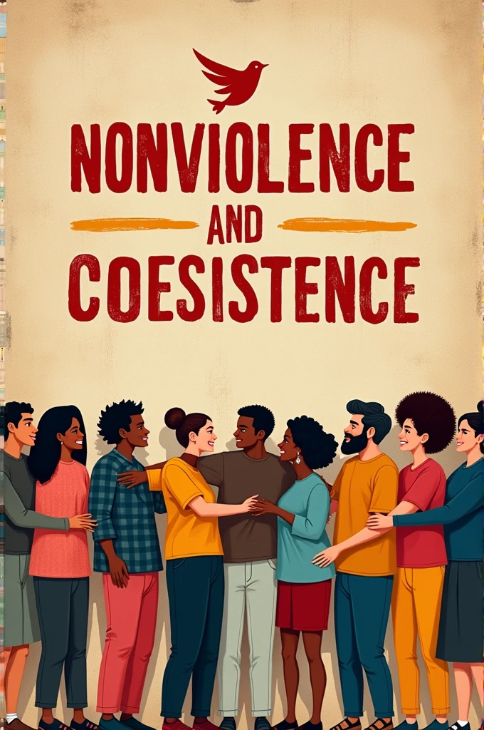 Generate a poster on a sheet of cardboard about no to violence and coexistence with an inspiring phrase and a small drawing