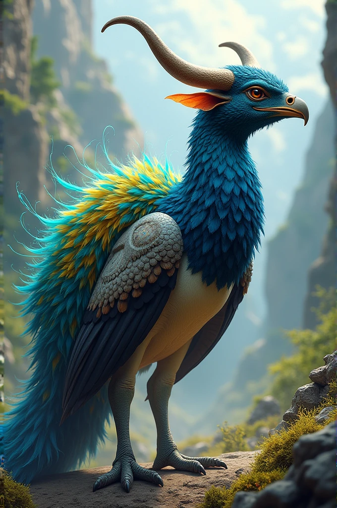 Fictional animal with iguana legs, penguin body, peacock tail, with an eagle&#39;s beak in a bull&#39;s head