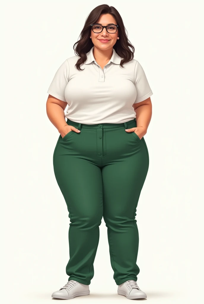 Create an illustration of a short woman, muslos grandes, medium straight hair, glasses, white, e calça verde bandeira com uma blusa polo white