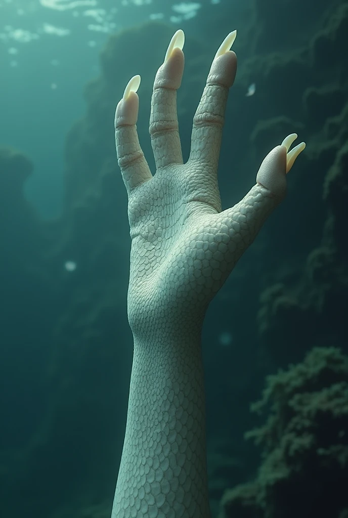 Female's hand is slightly streched and scales grow instead of skin. Color does not change. Hand is formed and adapted for swimming and long, rounded up fingernails. 