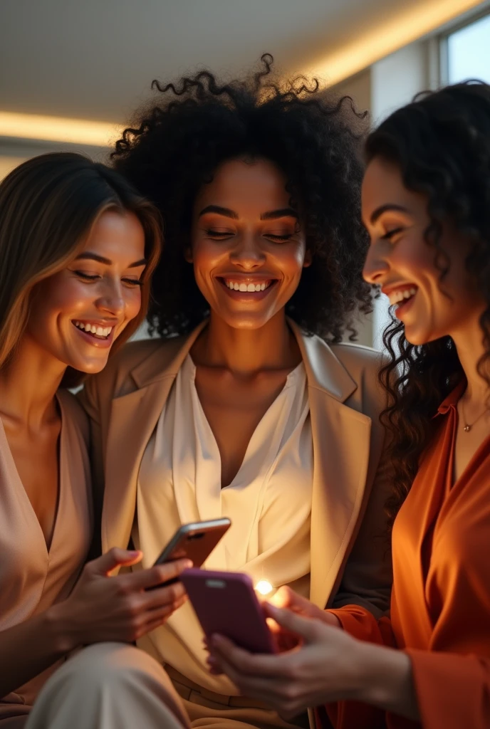 Creating the image of a Brazilian woman, shopee blouse and beige blazer, smiling at computer shopping online with 3 friends