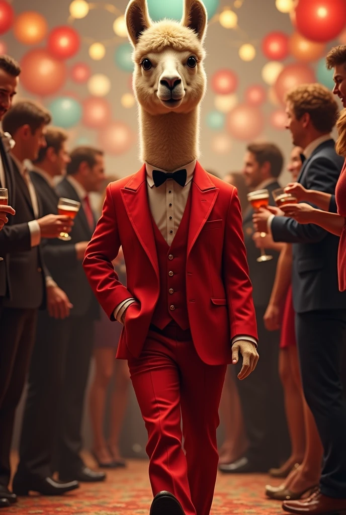 An alpaca stands out at the party wearing a bright red suit
