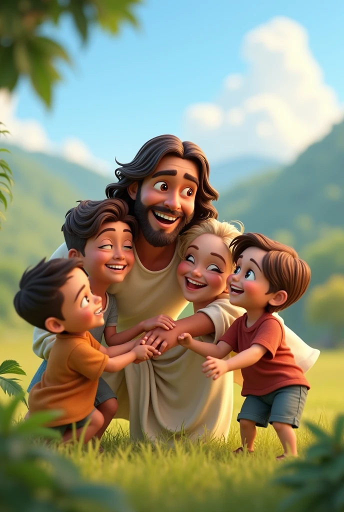 A 3D image in Disney-Pixar style of Jesus as a playing with his 4 friends