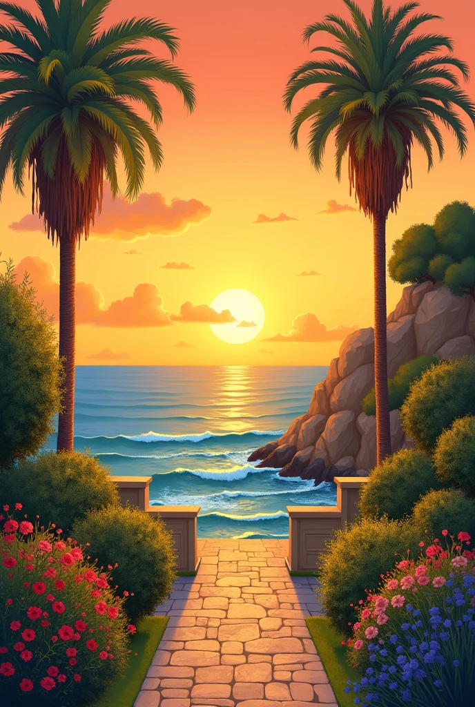 a beautiful painting, roman art style, easy to draw, easy to paint, very nice color harmony, without people, just a garden, outdoor scenery, like sunsets, ocean views, very very very easy to paint, without leaves, no leaves in the painting