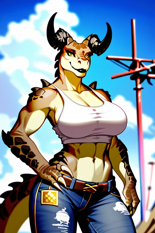 (((Masterpiece))), ((4k)), (best body), Solo, score_9,score_8_up,score_7_up, kemono style, Anthro deathclaw from fallout, Anthro reptile girl, snout, green scaled skin, gold eyes, black lips, black horns, black ram horns, athletic body, smiling, wearing brown laced tank top, (detailed background)