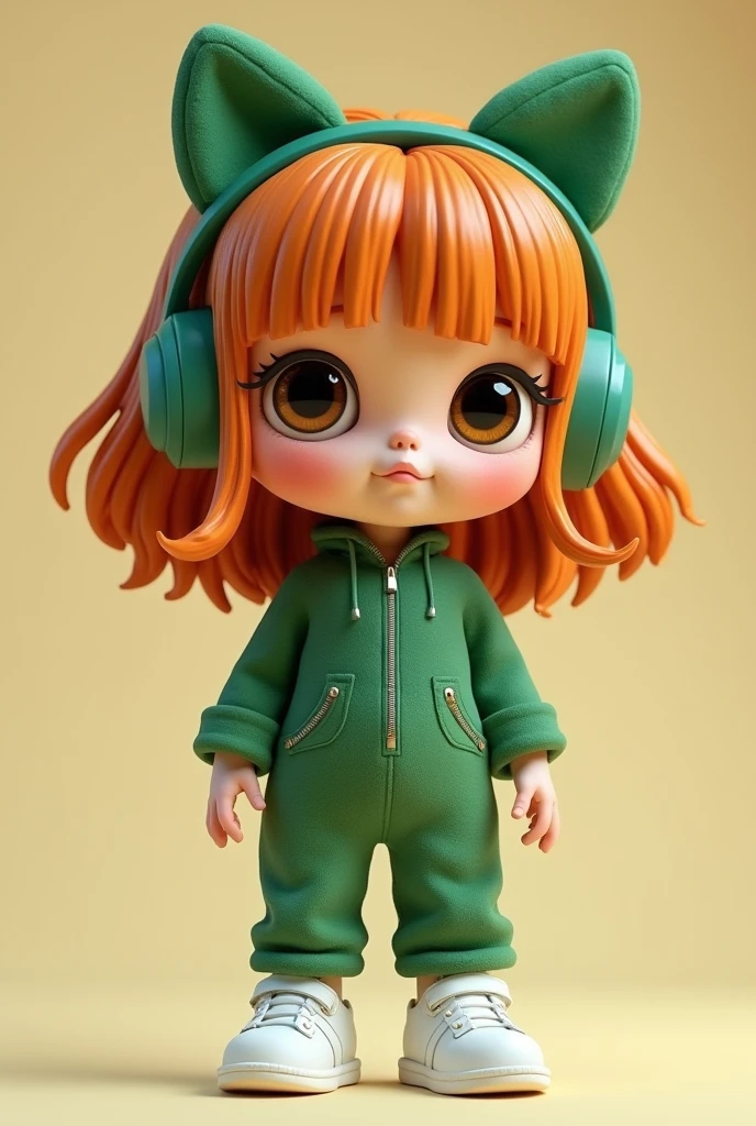 doll shape,Brunetette,eyes browns, curry hair, green jumpsuit, White sneakers,green kitty headphones