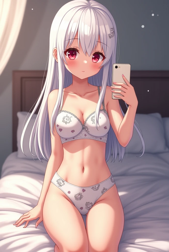 Anime girl alone facing forward, small chest, height of 155 centimeters, long straight white hair and crimson red eyes, in underwear taking a selfie with shame and her legs open sitting, a bra made of a white color with a print of animals and hearts and a wide panty made of a white panty with prints of animals and hearts wet in the clitoris area, in bed