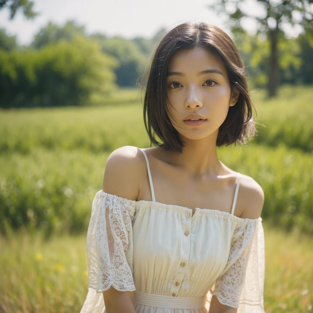 A hyper-realistic close-up image of a single Japanese woman in her early 20s, captured with the nostalgic warmth and subtle graininess of a film camera, focusing on her face and shoulders. Her skin has a warm beige tone with a natural, slightly rough texture that includes visible pores, fine lines, and subtle imperfections such as small blemishes, adding to the authenticity of her appearance. The soft, diffused natural light typical of a sunny summer day casts gentle, warm shadows on her face, enhancing the film-like quality while maintaining the realistic texture of her skin. Her straight, glossy black hair is slightly tousled by a gentle summer breeze, framing her face naturally. She is wearing a light, summery outfit, perhaps with straps visible at the shoulders, that complements her natural beauty and suits the warm weather. The film camera effect introduces a slight grain and a softer focus, giving the image a warm, nostalgic atmosphere while preserving the realism of her skin and features. The overall composition captures the serene and effortless elegance of a summer day, with the focus on the realistic texture of her skin and the timeless quality of the film camera aesthetic.