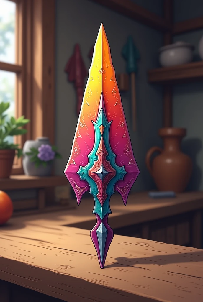 Colorful metal arrowhead on top of a wooden counter, as if it were in a gun shop, in anime drawing style