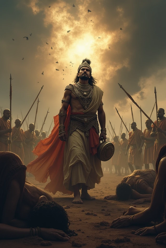 dramatic scene showing Ashoka having a vision or epiphany amidst a battlefield filled with suffering. Wounded soldiers and grieving families are around him, and Ashoka, dressed in royal attire, has a look of deep realization and emotional turmoil on his face, under a stormy sky."