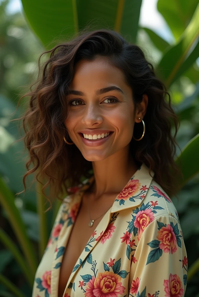 A Brazilian woman in a lush tropical garden, wearing an open shirt with a floral print, with a close-up capturing the harmonious beauty between her breasts and the natural flowers, showing off your natural charm and outgoing personality.