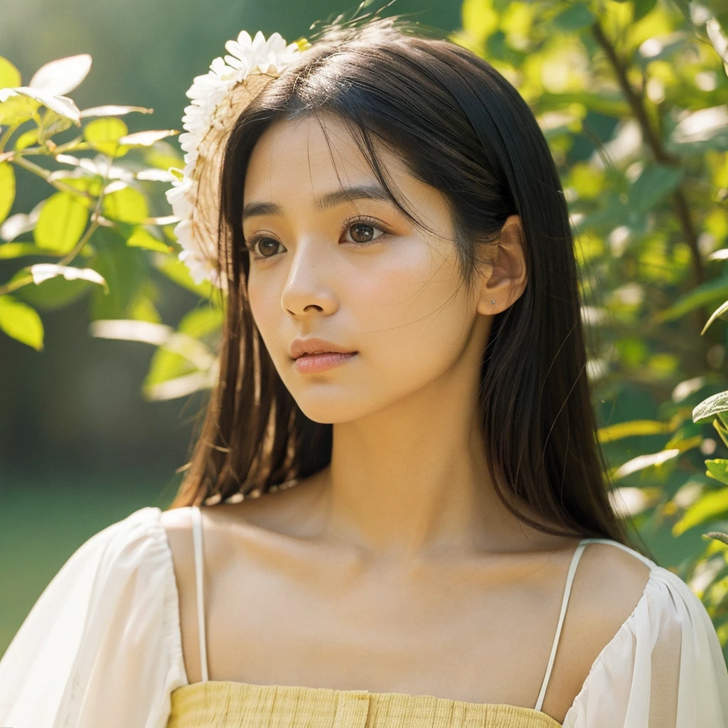 A hyper-realistic close-up image of a single Japanese woman in her early 20s, captured with the nostalgic warmth and subtle graininess of a film camera, focusing on her face and shoulders. Her skin has a warm beige tone with a natural, slightly rough texture that includes visible pores, fine lines, and subtle imperfections such as small blemishes, adding to the authenticity of her appearance. The soft, diffused natural light typical of a sunny summer day casts gentle, warm shadows on her face, enhancing the film-like quality while maintaining the realistic texture of her skin. Her straight, glossy black hair is slightly tousled by a gentle summer breeze, framing her face naturally. She is wearing a light, summery outfit, perhaps with straps visible at the shoulders, that complements her natural beauty and suits the warm weather. The film camera effect introduces a slight grain and a softer focus, giving the image a warm, nostalgic atmosphere while preserving the realism of her skin and features. The overall composition captures the serene and effortless elegance of a summer day, with the focus on the realistic texture of her skin and the timeless quality of the film camera aesthetic.