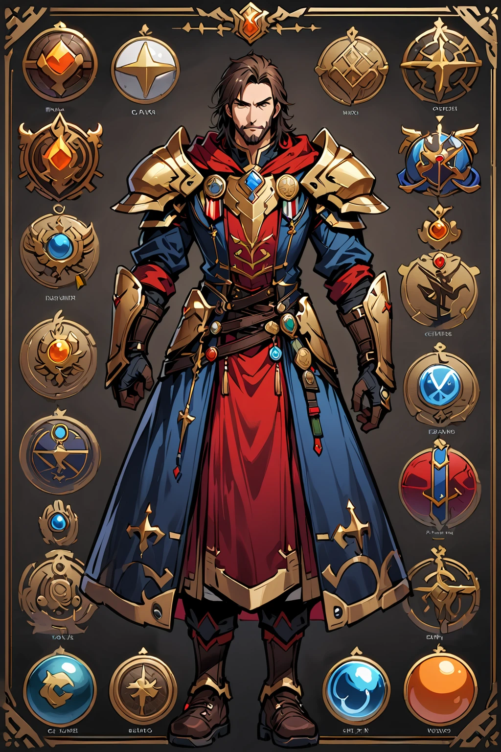 Framed Presentation of a peddler, man character design sheet for a video game with detailed accessories, fantasy clothes, multiple icons, and peddler clothes, Ball Gown, buttons to customize the character to your liking, sphere,(game icon),medal icon,rpg,(holy icon),