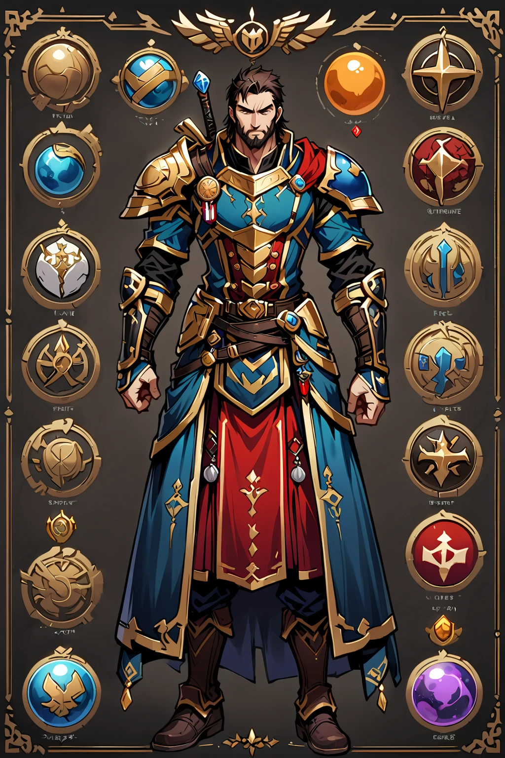 Framed Presentation of a peddler, man character design sheet for a video game with detailed accessories, fantasy clothes, multiple icons, and peddler clothes, Ball Gown, buttons to customize the character to your liking, sphere,(game icon),medal icon,rpg,(holy icon),