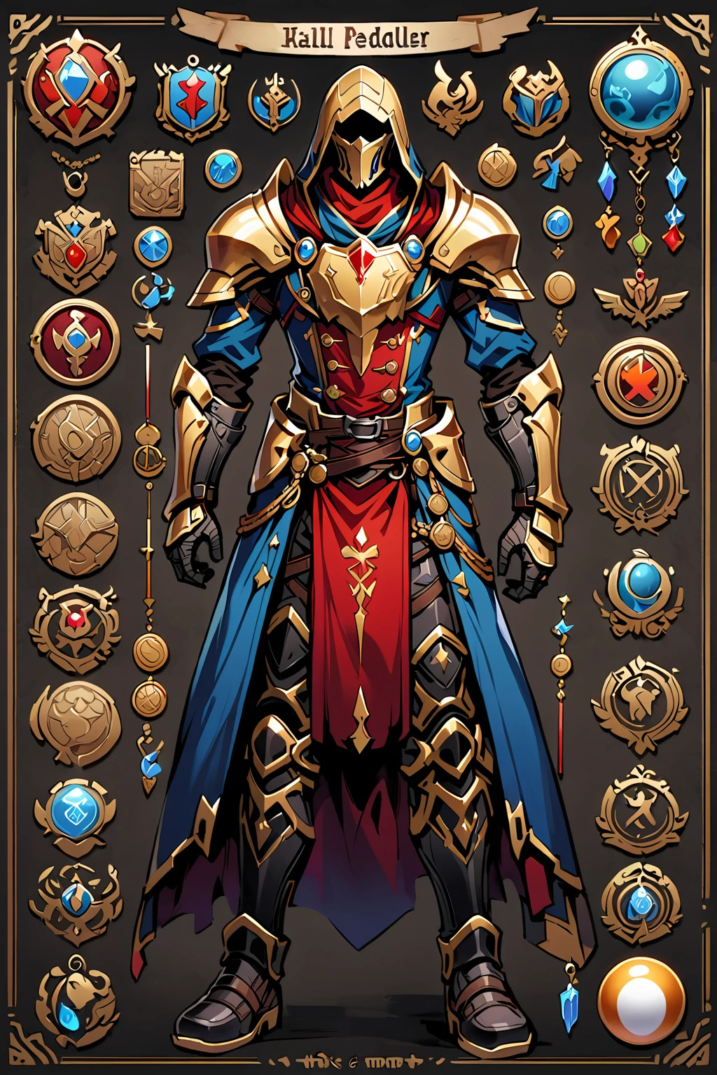 Framed Presentation of a peddler, man character design sheet for a video game with detailed accessories, fantasy clothes, multiple icons, and peddler clothes, Ball Gown, buttons to customize the character to your liking, sphere,(game icon),medal icon,rpg,(holy icon),