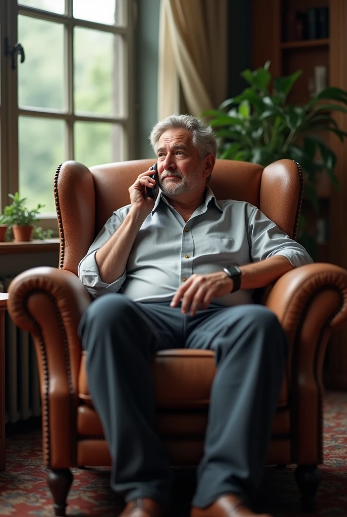 Generate me an image of a man sitting in an armchair talking on the phone
