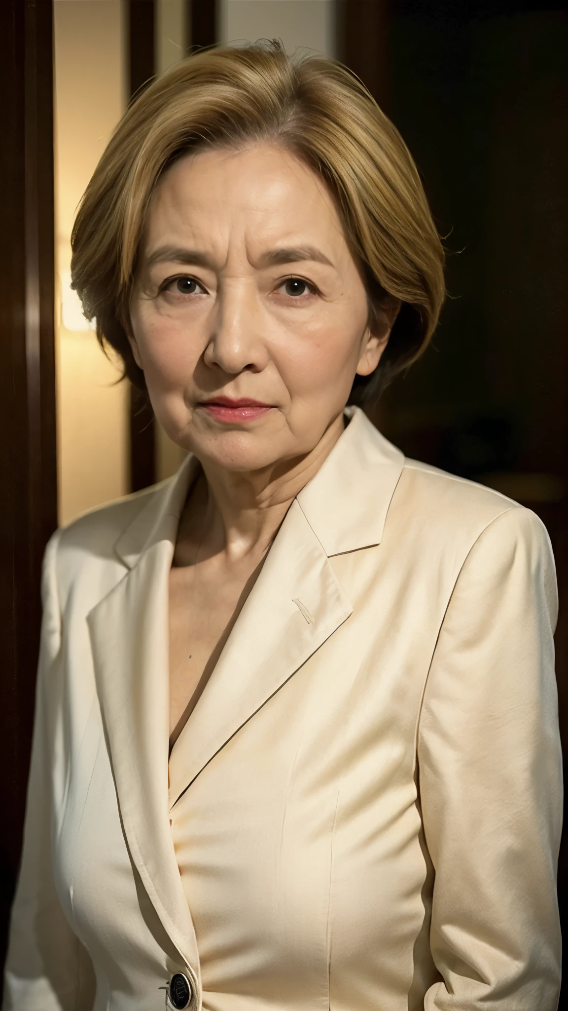 masterpiece, ((Depth of written boundary)), 32K, Beautiful finish, Face close-up, Beautiful mature woman, 90-year-old woman, Photo of your ID, Business operator, chief executive officer(chief executive officer(CEO)), View from the front, angry gaze, Cool look, Red lips, Thin lips, Wear a suit over a flashy bra, Light from the front,