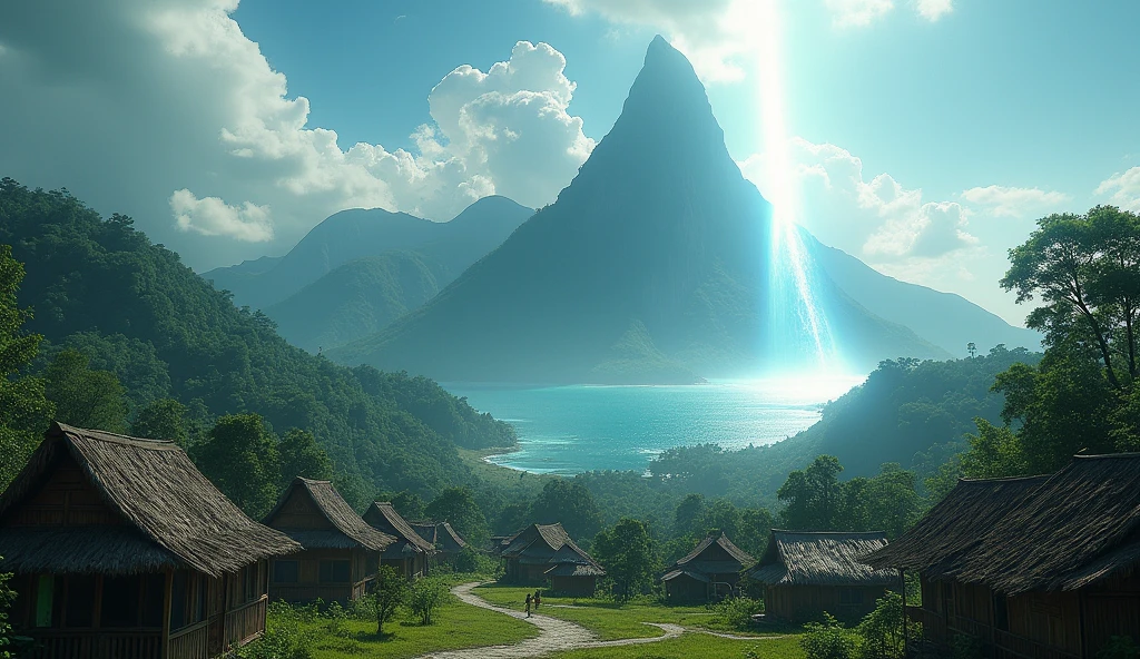 Village from Ternate island, Maluku, Indonesia with an abstract white light on the top of the mountain that stretches straight towards the sky