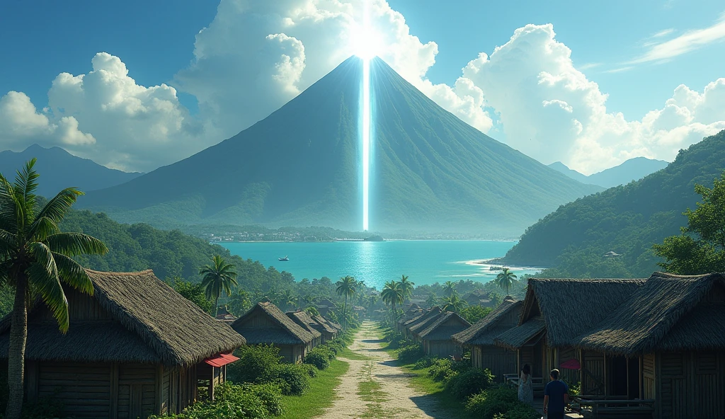 Village from Ternate island, Maluku, Indonesia with an abstract white light on the top of the mountain that stretches straight towards the sky