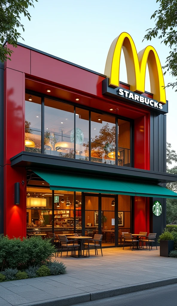 Visualize a McDonald's building reimagined as a Starbucks, blending iconic elements of both brands into a single structure. The exterior of the building should feature the classic red and yellow color scheme of McDonald's, but with the sleek, modern architectural design of a Starbucks. Picture large glass windows, a green awning with the McDonald's golden arches subtly integrated into the Starbucks logo. The building should have a sophisticated, urban feel, with cozy outdoor seating featuring both McDonald's and Starbucks branding. The entrance is inviting, with a stylish coffeehouse ambiance, incorporating familiar McDonald's elements like a drive-thru lane but with a more upscale, coffee-centric vibe. Surround the building with lush greenery and soft lighting, creating a welcoming atmosphere that fuses the fast-food world with the coffeehouse experience.