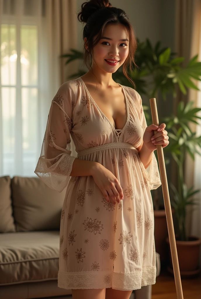 a beautiful malay woman, curvacious, tied hair, huge breasted, big mega breasts, wearing sheer knee-lenght sleeveless floral pattern housedress, cleaning the house, holding broom in the living room, morning vibes,  look at the viewer, natural light, realistic photography, wide angle shot, detailed facial features, intricate clothing folds, soft lighting, warm color tone, bathroom, photorealistic, cinematic composition, high quality, 8k, masterpiece