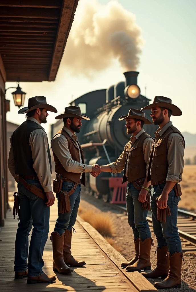 4 handsome cowboy men say goodbye to a young 2 handsome friend who is going on a train trip at a train stop