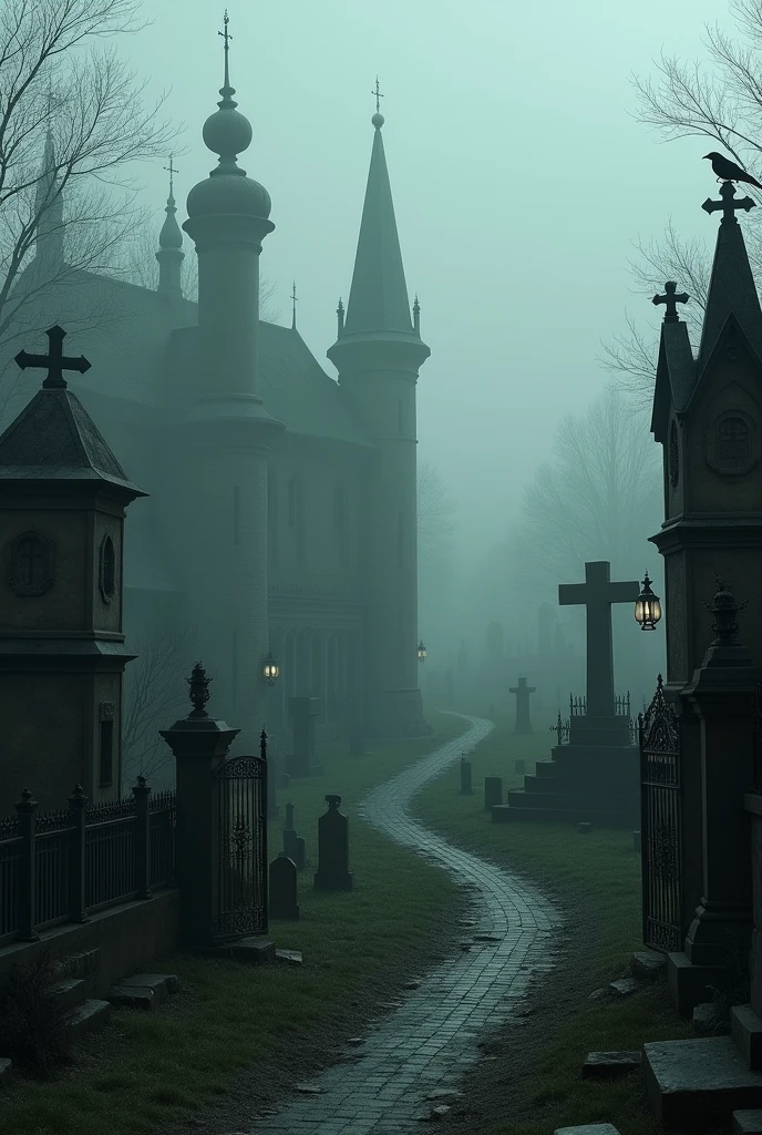 Old buildings with a track around a cemetery and a dark fog
