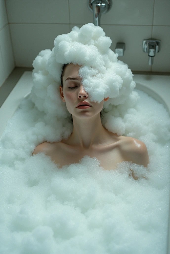 Woman in bathtub with foam with her face in the water