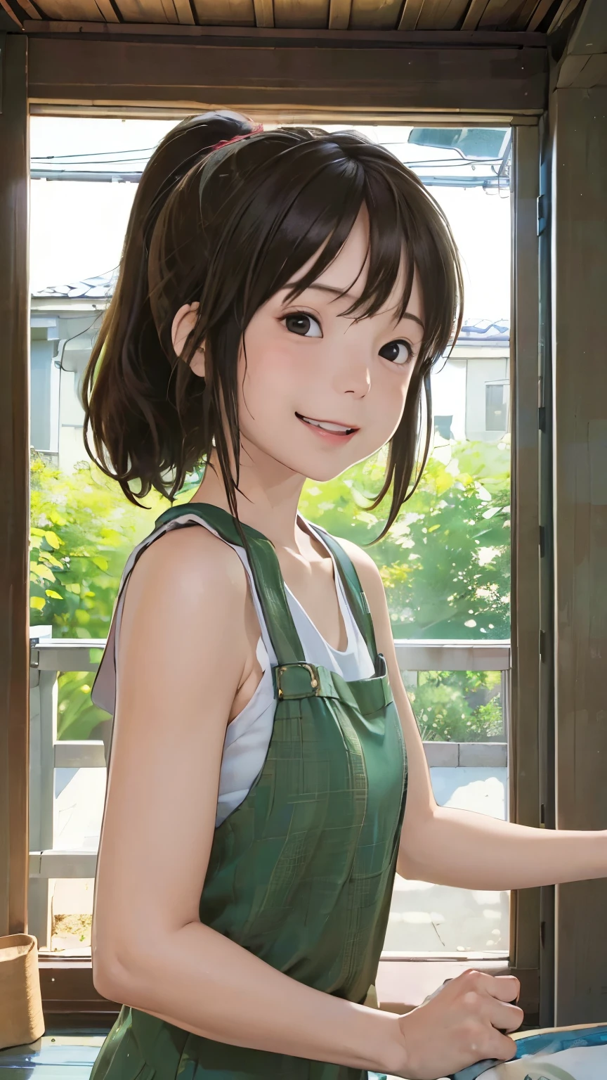 (masterpiece:1.4)、(Highest quality:1.4)、(High resolution:1.4)、Chihiro Ogino、ponytail、Unite Form、Outdoor、Long-established inn、smile、colorful、High contrast