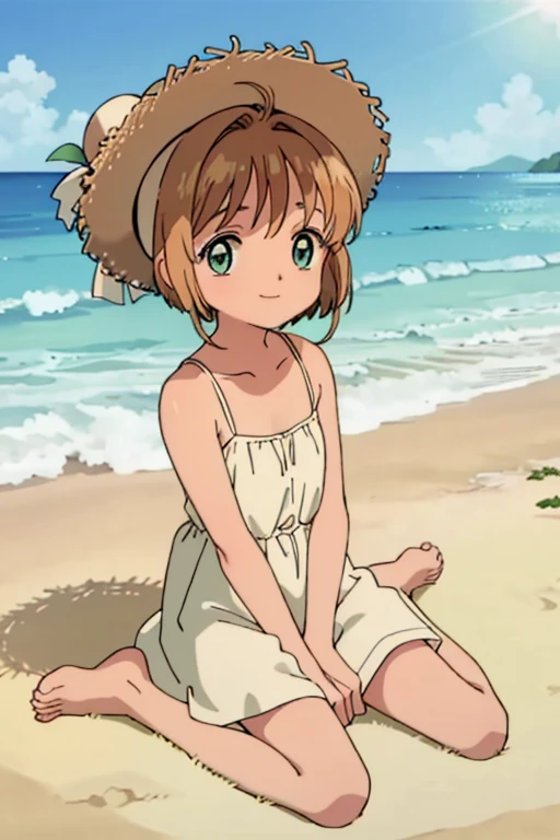 High resolution backgrounds,Beautiful background,anime, cute, girl at the beach,The big sun setting on the horizon, ,White camisole dress,Chestnut Hair,Short Bob Hair,barefoot,Green Eyes,White straw hat,Lens flare,Sitting flat on the sand,smile