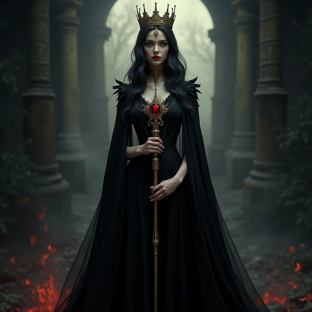 8K, Dark_Fantasy, delicate face, (delicate glass pupil: 1.5), standing full body portrait, black in one eye, red in one eye, Queen Belial, in black longe dress, she have Golden crown and staff