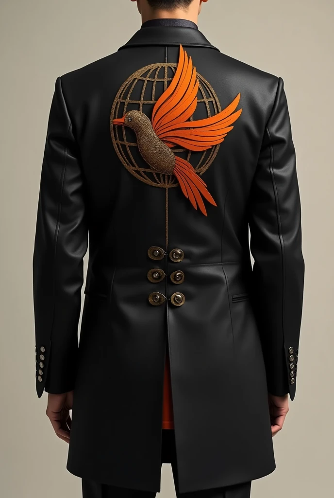 Create a coat design with a dove and a globe in the middle of the back, not too big, sharp but not super heroic, with text.(ba)Mixed in the shirt, the overall color is black and orange, conveying a business feel.