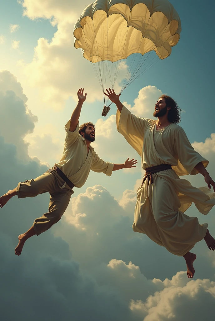 man falling from the sky and jesus trying to give the man a parachute, but man ignores Jesus&#39; help