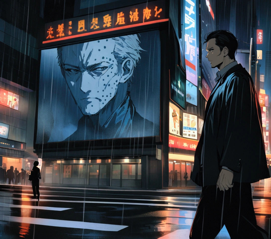 A man is walking in the rain at night in Shibuya. The city is very well lit at night with large screens with advertisements on the buildings and cars passing by.. The image is showing the man from the side with his face in evidence.. He is serious.