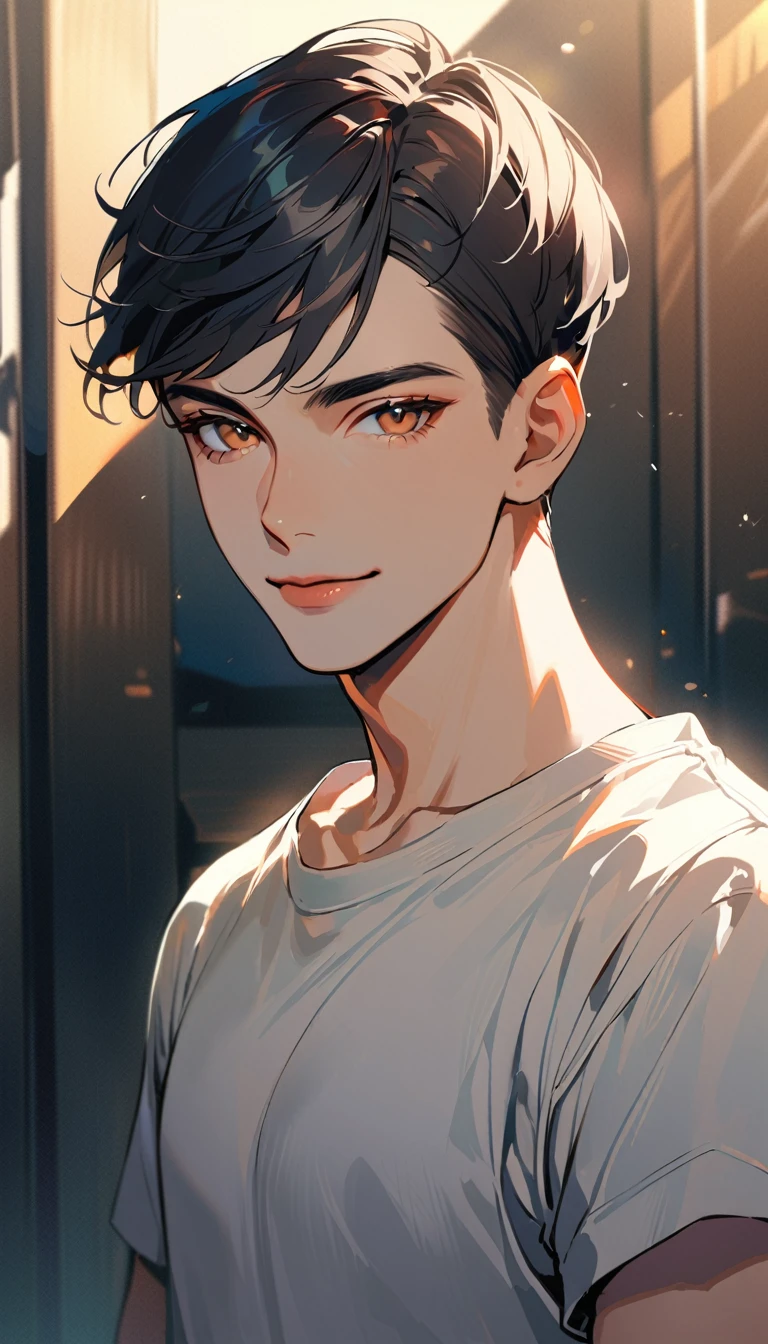 1man, solo, crew cut, 1, black hair, wear shirt, brown eyes, smile, looking at viewer, light lips, upper body, closed mouth
