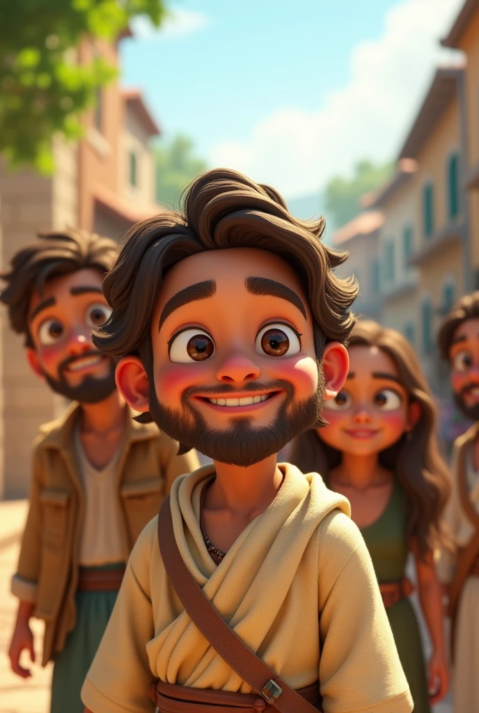 A 3D image in Disney-Pixar style of Jesus as a  ager playing with his 4 friends