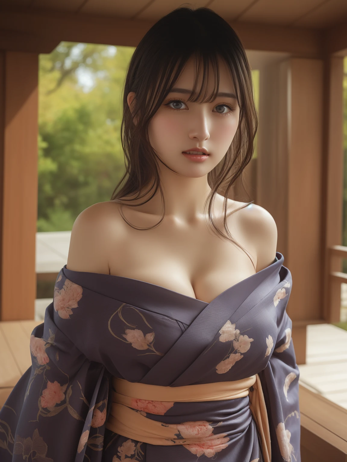 masterpiece, best quality, soft light, ultra high res, ray tracing,( photorealistic:1.4), RAW photo, memorable scenes, sensual atmosphere, very pretty look face, and very pretty eyes, cute images, lovely images, 1japanese girl, solo, cute, ( pupil, lights in the eyes), detailed beautiful face,( high resolution detail of human skin texture), Beautiful girl, gravure body type, large breasts, solo focus,( full body shot), professional angle, underwear silk, decorated kimono, plush fabric,( off shoulder kimono),( collarbone), cleavage, bare breasts, outdoor, shrine, sexual pose,( portrait)