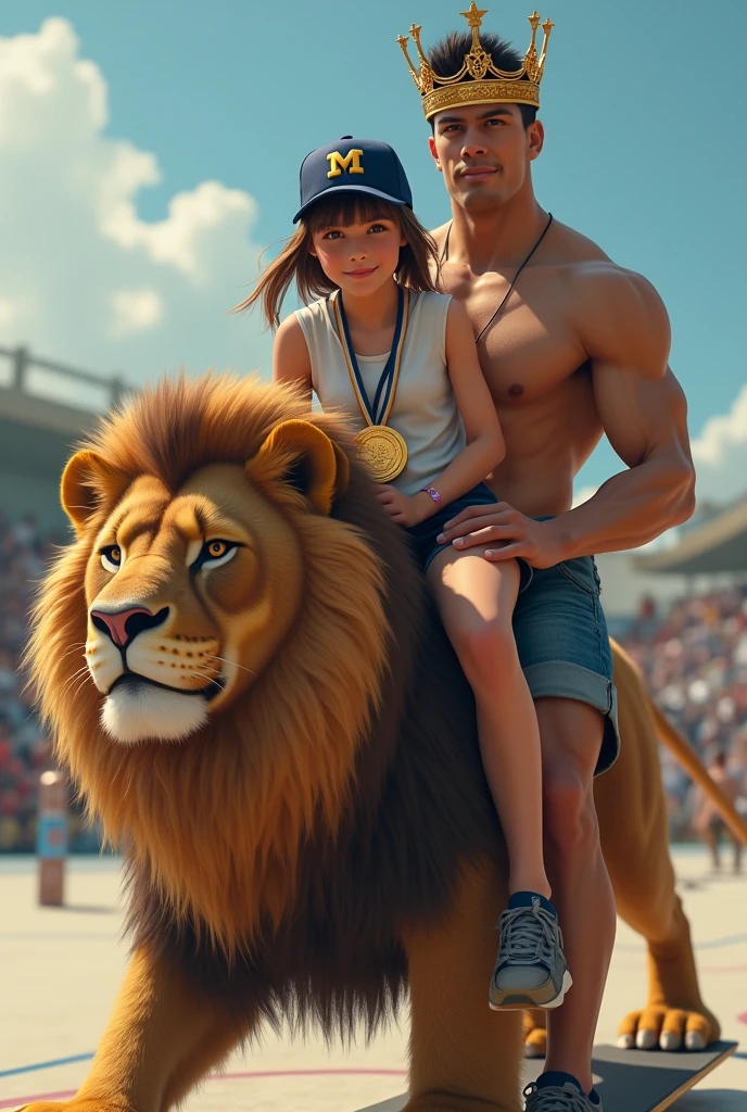 (photo realist) A girl with light brown hair wearing a dark blue cap with a "M" written in white and an Olympic gold medal, she is sitting on the lap of a dark haired white man, with the quiff hairstyle, the man is muscular and shirtless, the man is also wearing a crown on his head.
The man is riding on a lion, the lion is an Emo teenager, and has lush bangs that partially cover her face, the lion is on a skateboard The scene is an Olympic skateboard court
