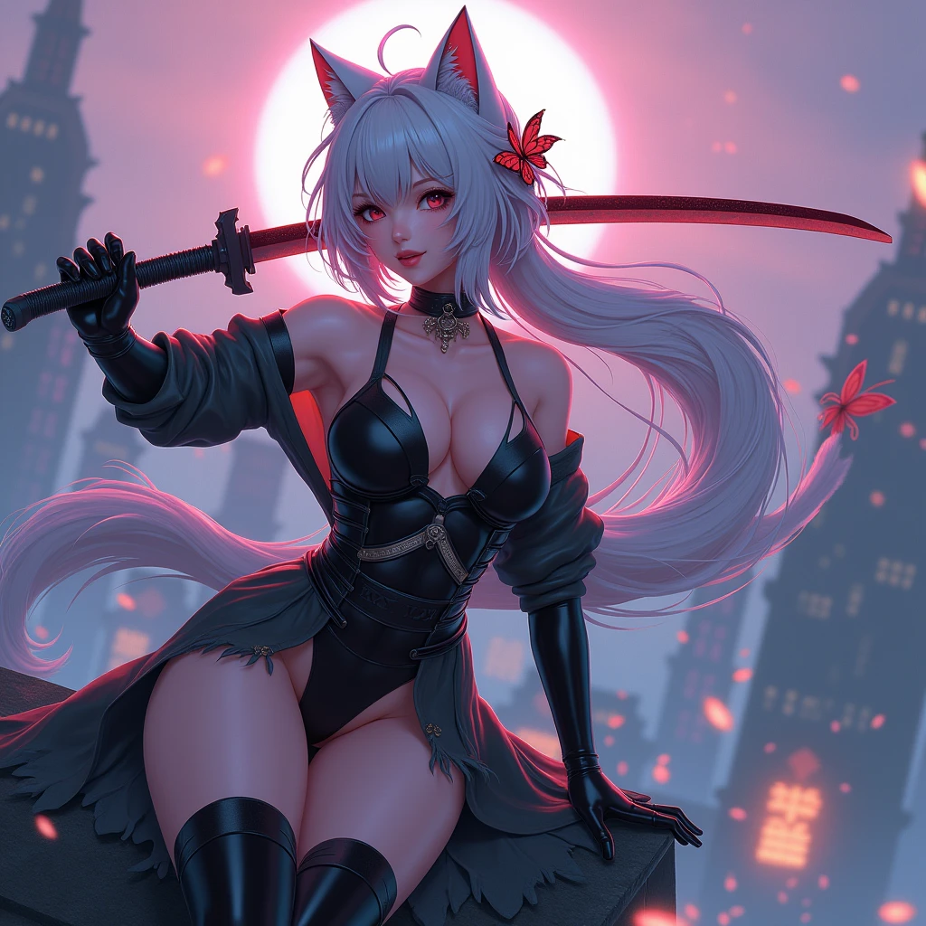 Anime character holding a sword on the roof of a castle, Amazing anime 8k, Very beautiful cyberpunk samurai, Anime Style 4k, Demon slayer, ((Butterfly Ninja 1.2)), she is holding a knife sword, knife, Artjam and Athi Gairan, dramatic wielding knife pose, Lostrun 8k, unsheathing her knife, Cat ear, Silver Hair, 3DCG, 3D Rendering, A fascinating body, Energetic, Large Breasts, A seductive smile, moving line, 