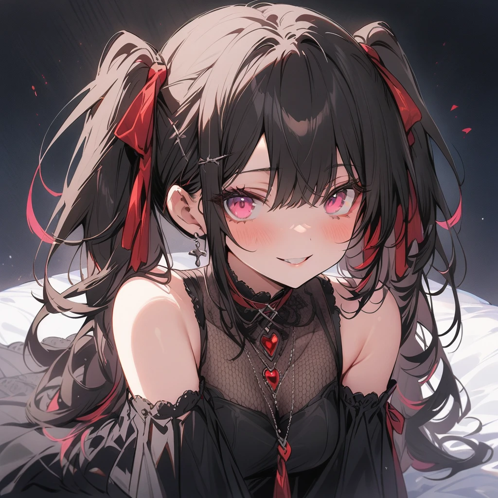 (masterpiece, Highest quality:1.2), Obscene illustrations。She is a mysterious and attractive woman....。With soft eyeliner。Her skin is skin-toned、She has black hair。She has a light pink streak in her hair。Her hair is in curled twin tails on both sides...。Pale pink eyes。