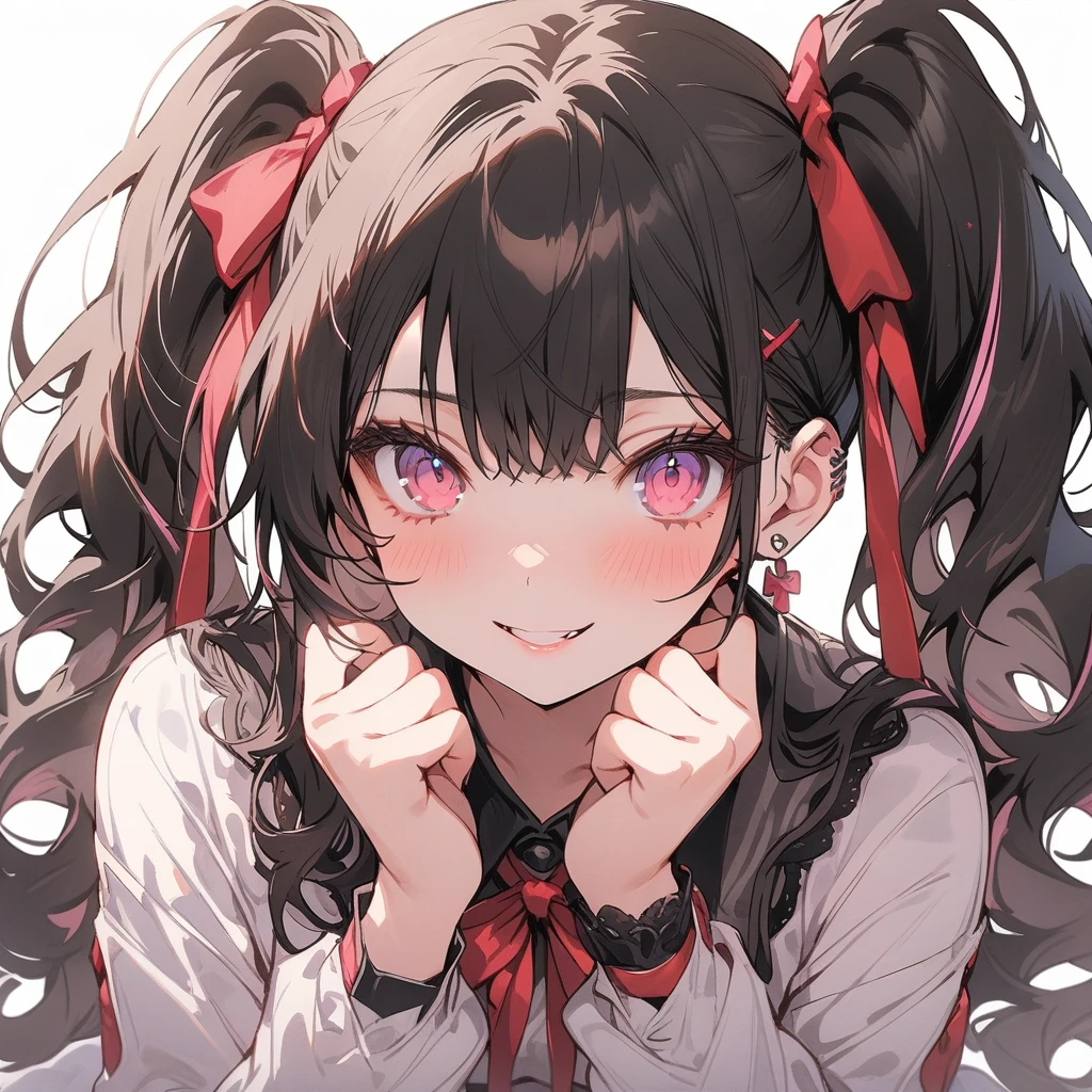 (masterpiece, Highest quality:1.2), Obscene illustrations。She is a mysterious and attractive woman....。With soft eyeliner。Her skin is skin-toned、She has black hair。She has a light pink streak in her hair。Her hair is in curled twin tails on both sides...。Pale pink eyes。