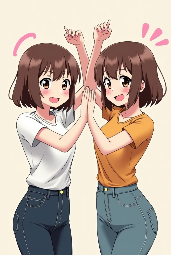 Brown bob hair 2 woman Make a "X" sign with both arms An indication that it's no good Comical anime style Woman alone