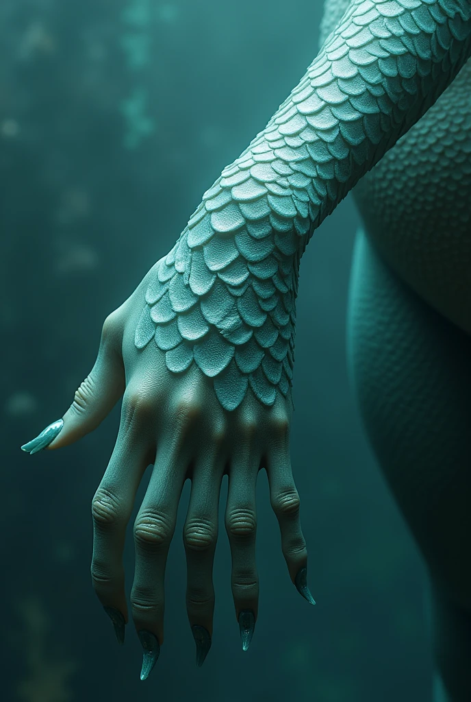 Female's hand is slightly streched and scales grow instead of skin. Color does not change. Hand is formed and adapted for swimming and long, rounded up fingernails. 