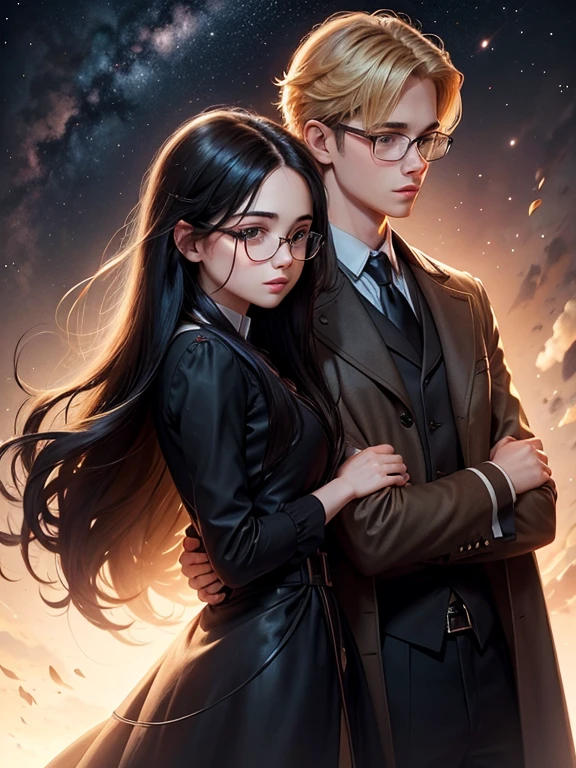 Romance book cover, with the name Flow of time silhouette of a young couple Tall blond boy, wears glasses girl has long black hair and she wears glasses Background with universe depicting time